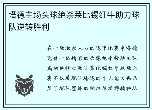 塔德主场头球绝杀莱比锡红牛助力球队逆转胜利